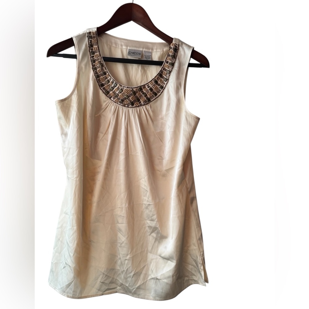 Chico's Cream Beaded Scoop Neck Sleeveless Camisole